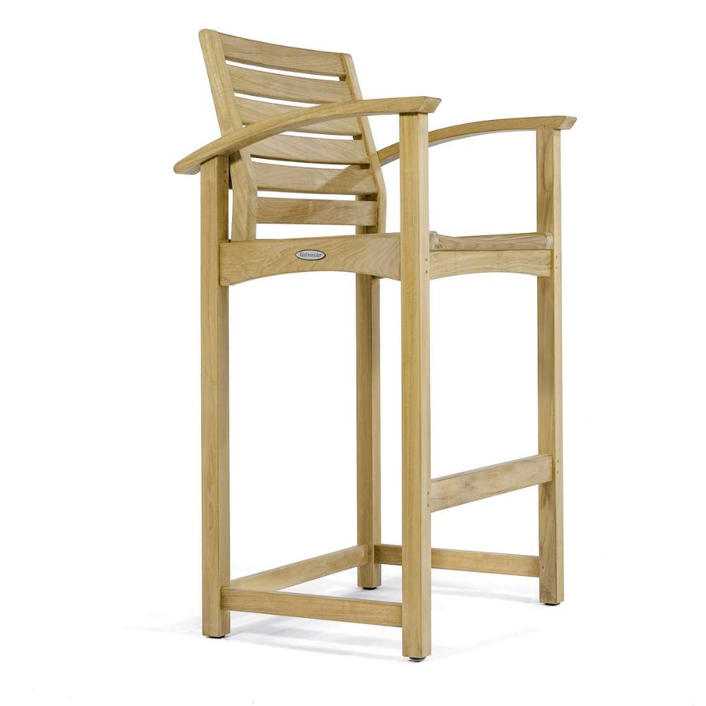 Tall teak bar stool with curved arms and a slatted back from Westminster Teak Somerset 5pc Teak High Bar Set is shown from a right-side angle