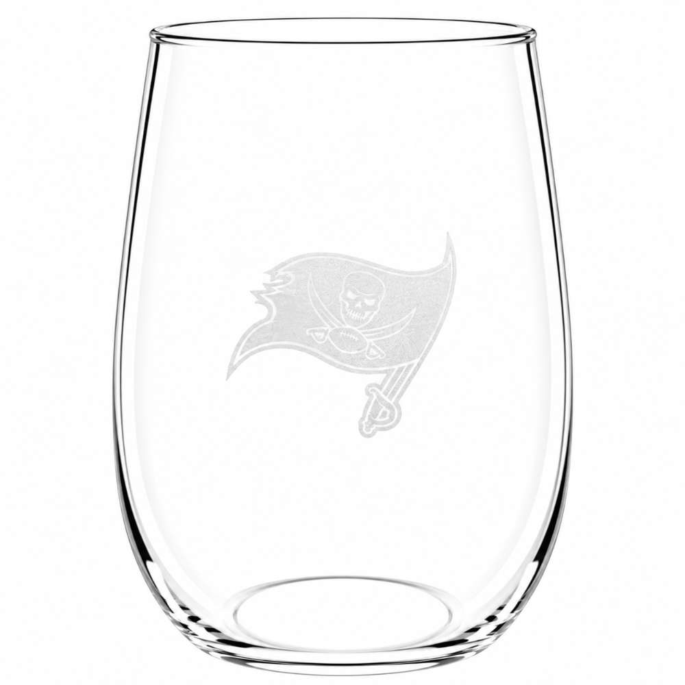 Tampa Bay Buccaneers Crate & Barrel NFL Aspen 17oz Stemless Wine Glass, Set of 4 features a clear stemless glass etched with the Buccaneers pirate flag logo