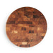 Tampa Bay Buccaneers Crate & Barrel NFL Round End Grain Cutting Board features a round wood-block design with the Buccaneers flag logo near the bottom