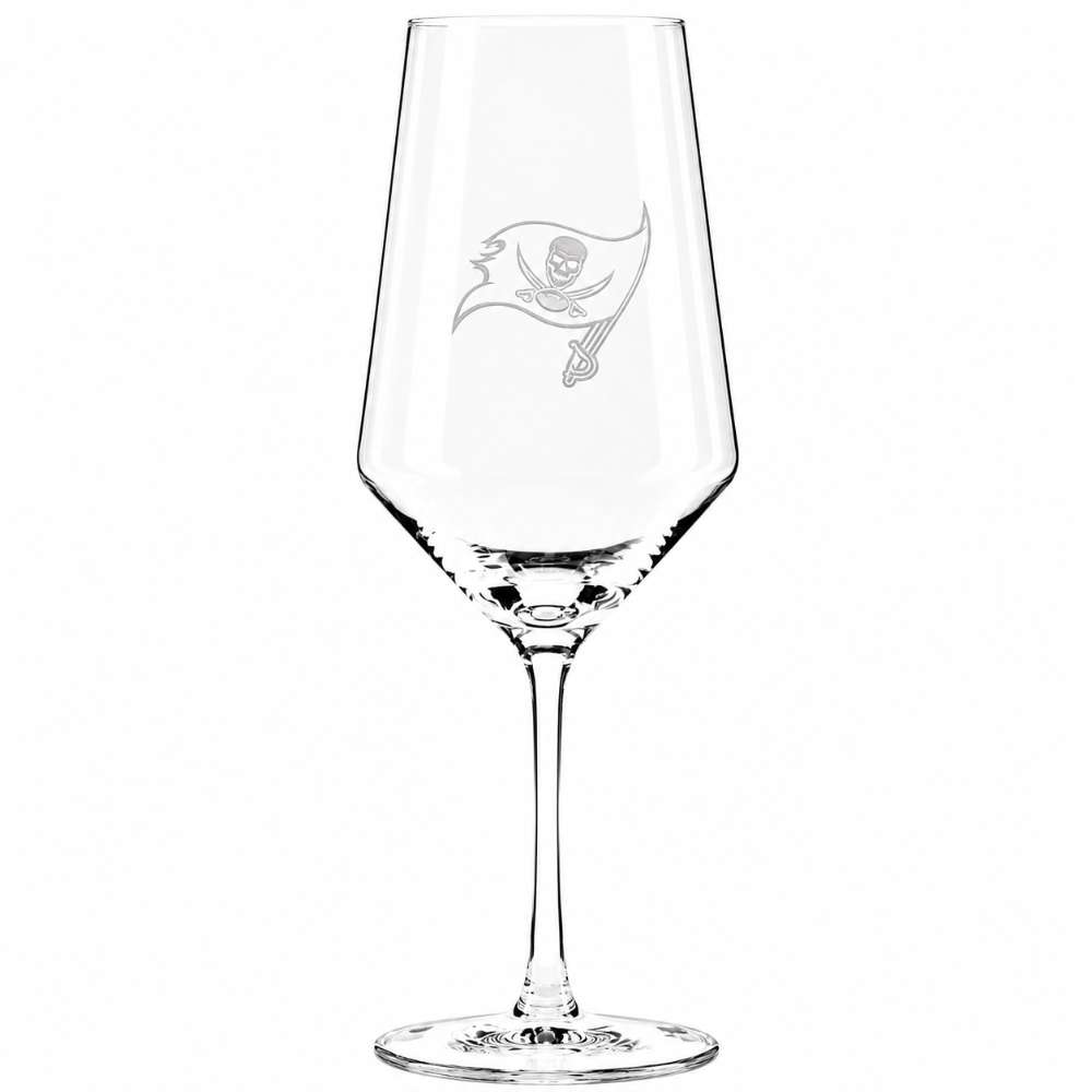 Tampa Bay Buccaneers Crate & Barrel NFL Tour 18oz Red Wine Glass, Set of 4 featuring the Buccaneers pirate flag logo etched on a clear stemmed wine glass