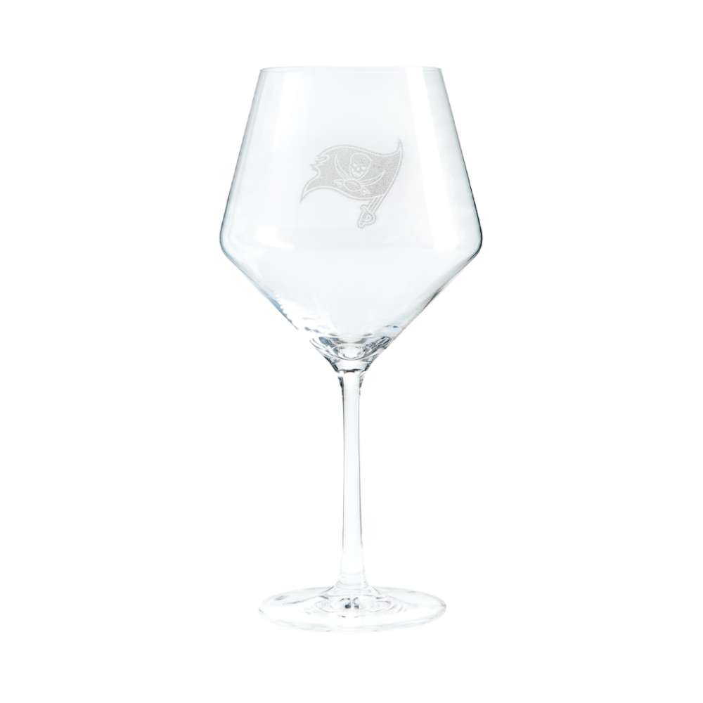 Tampa Bay Buccaneers Crate & Barrel NFL Tour 24oz Red Wine Glass, Set of 4 featuring the Buccaneers pirate flag logo etched on a clear stemmed wine glass
