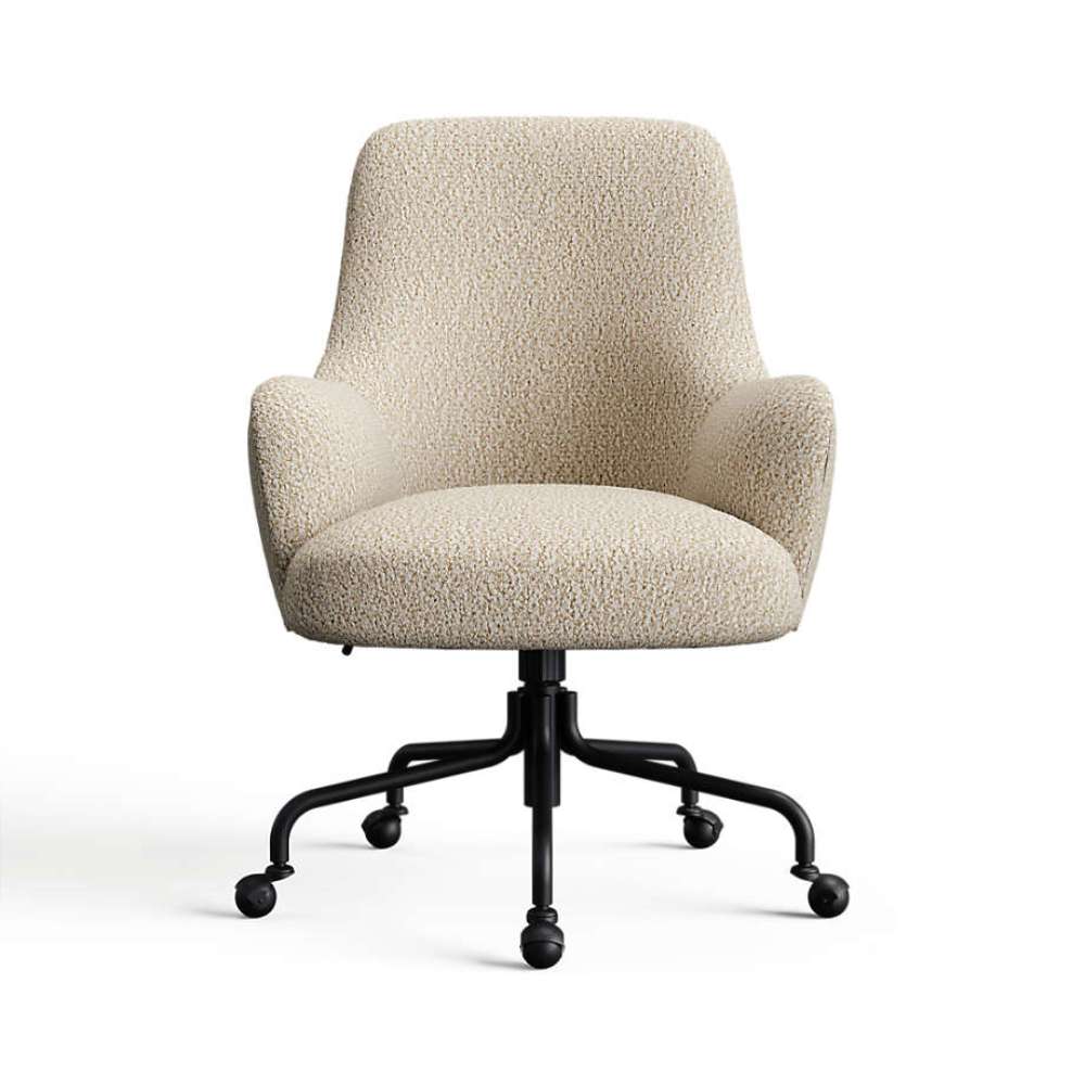 Tan Breton Boucle Crate & Barrel Bellevue Upholstered Office Chair in textured tan boucle fabric with a cushioned seat and black caster base