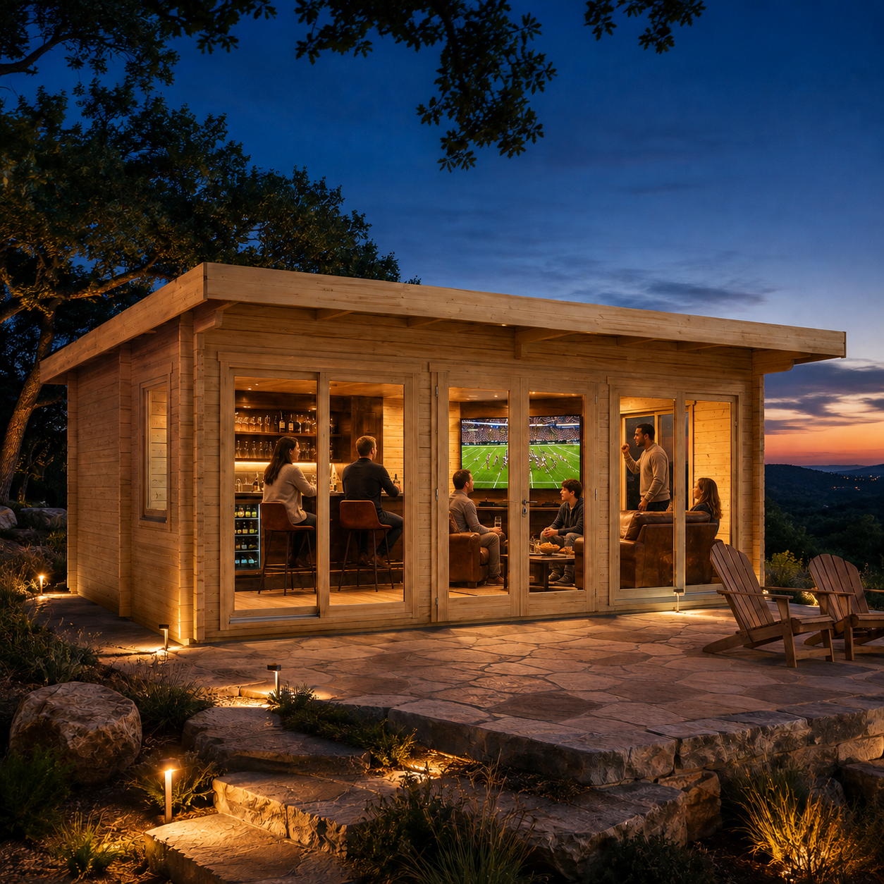 Rectangular wood cabin with glass doors at dusk, featuring an illuminated interior bar and lounge area with people.