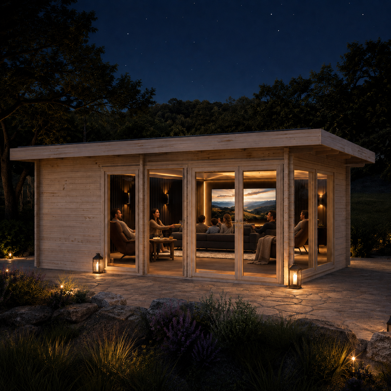 Rectangular wood cabin with glass doors at night, showing people watching a screen inside the illuminated Taunus 70 suite.