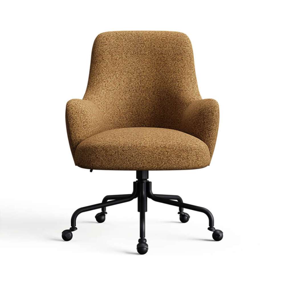 Tawny Serene Textured Weave Crate & Barrel Bellevue Upholstered Office Chair in tawny brown textured fabric with padded arms and a black caster base