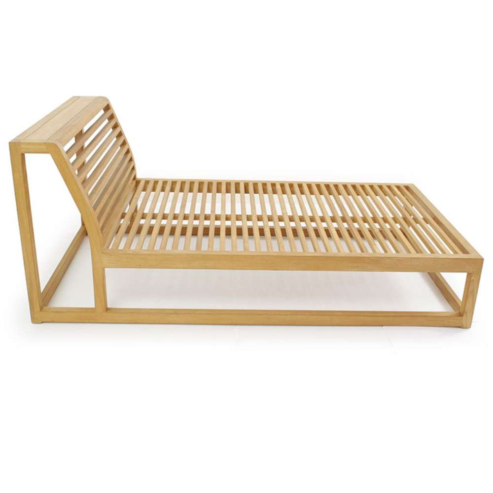 Teak chaise lounge frame from Westminster Teak Maya 4pc Lounge Set, shown without cushions, with evenly spaced wooden slats and a slightly angled backrest