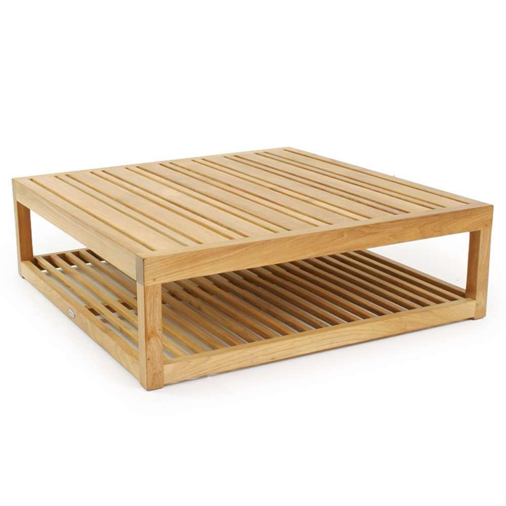 Teak coffee table from Westminster Teak Maya 4pc Lounge Set, featuring a slatted top and a lower shelf for extra storage