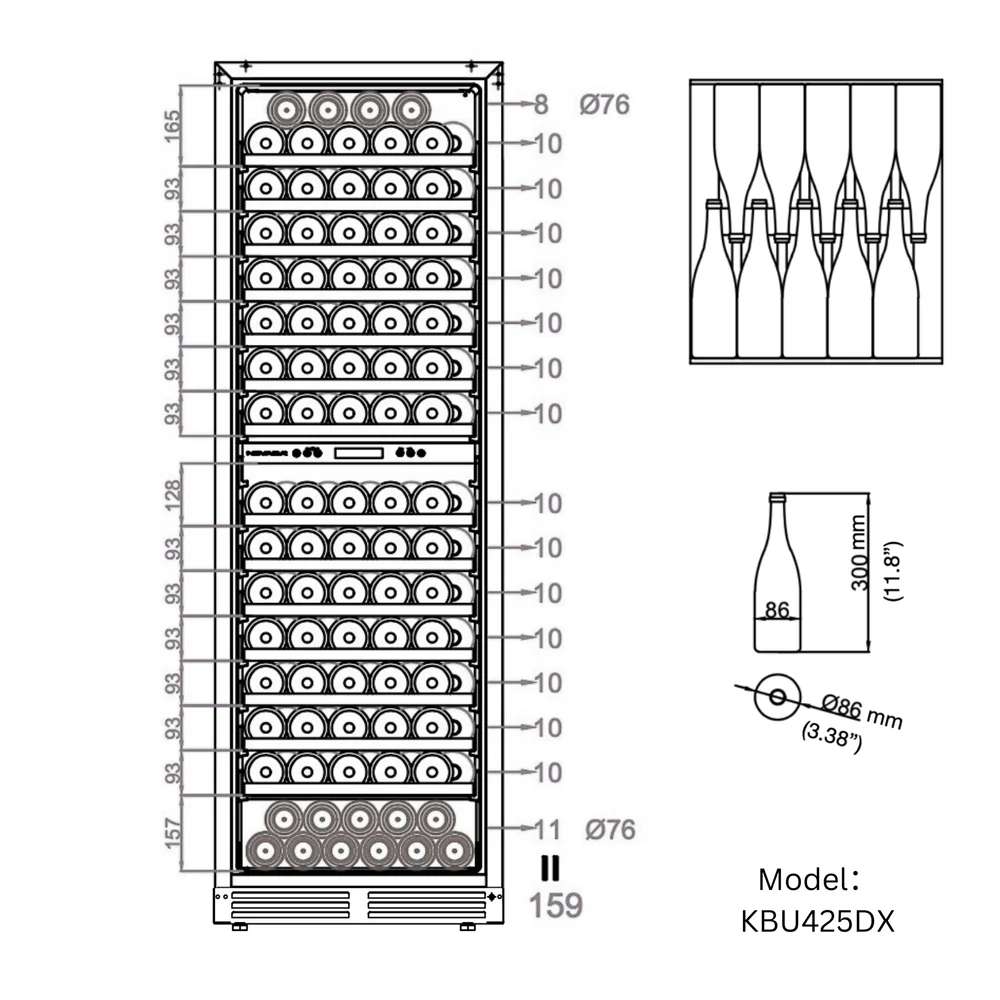 Technical drawing illustrates wine bottle placement and storage capacity in KingsBottle Upright Wine & Beverage cooler Combo With Triple Temp Zones