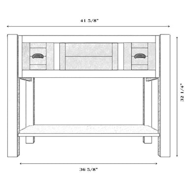 Technical drawing of Fireside Lodge Barnwood Two Drawer Open Vanity with Shelf and Slab Style Top, measuring 41 5/8 inches wide with two drawers and an open storage shelf below
