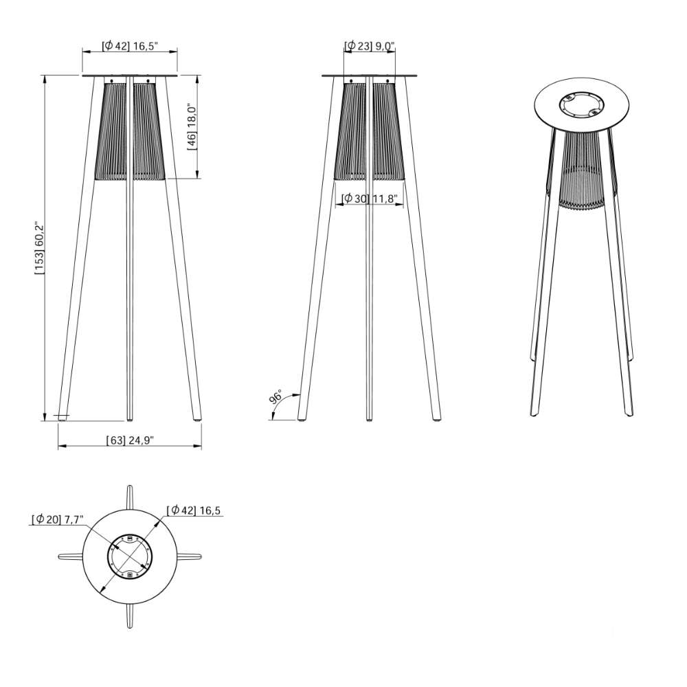 Technical drawing of Westminster Teak Luna Standing Lamp displays its dimensions, proportions, and structure from multiple angles, including top and side views