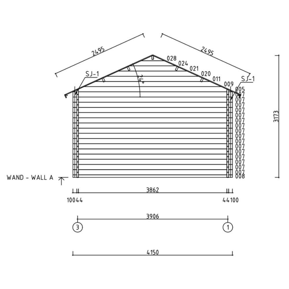 Technical drawing shows the cross-section and roof slope of the GardenHouse24 USA Wallis 44 Garden Room, with precise wall and beam dimensions