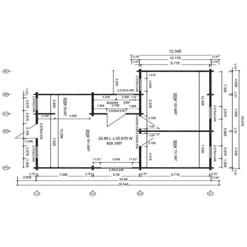 Technical drawing with labeled room dimensions and measurements showing the interior layout of GardenHouse24 USA Den 70 Garden Room
