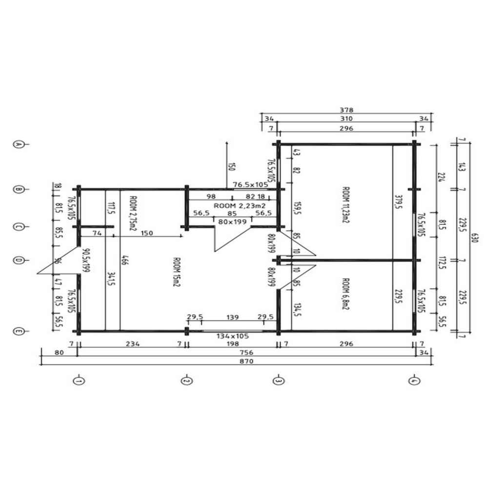 Technical drawing with labeled room dimensions and measurements showing the interior layout of the GardenHouse24 USA Den 70 Garden Room