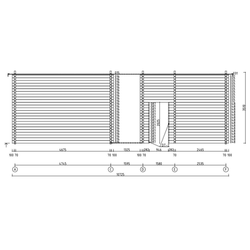 Technical elevation drawing of the GardenHouse24 USA Bendy 70 Garden Room details exterior wall lengths, post positions, and precise construction dimensions