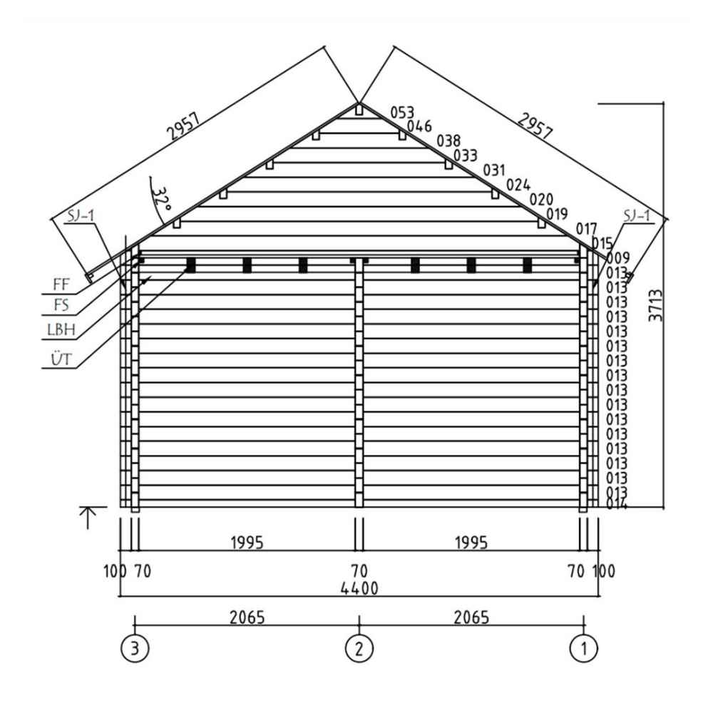 Technical elevation drawing shows the front and roof pitch of the GardenHouse24 USA Farum 70 Garden Room with precise height and spacing measurements