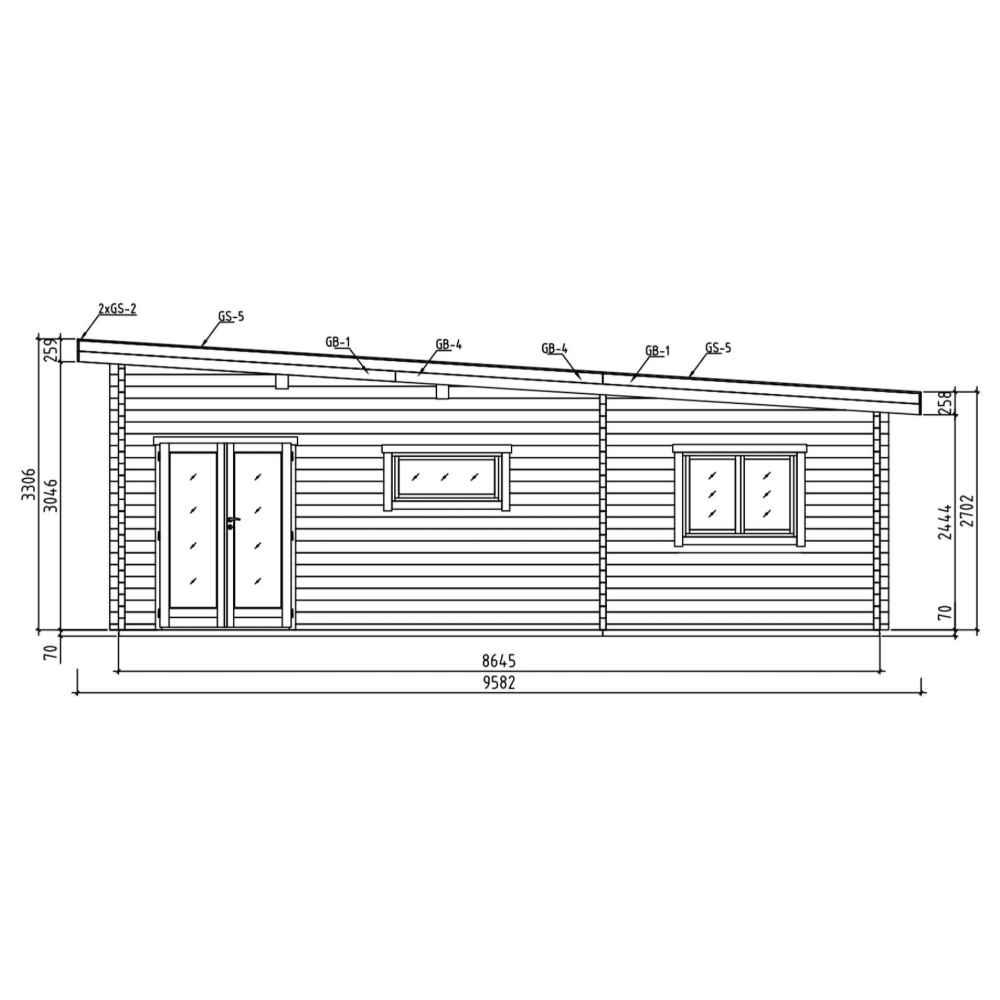 Technical elevation drawing with precise height and width measurements for the GardenHouse24 USA Harbord 70 Garden Room’s back facade