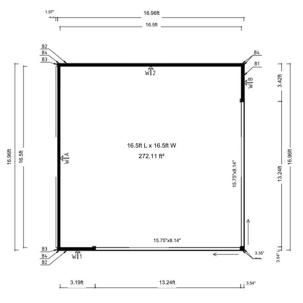 Technical floor plan displays exact measurements and layout for constructing GardenHouse24 USA Q Bic ALU 70F Sauna Garden Room