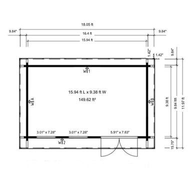Technical floor plan for GardenHouse24 USA Miriam 70B Modern Garden Room displays interior measurements and window-door placements