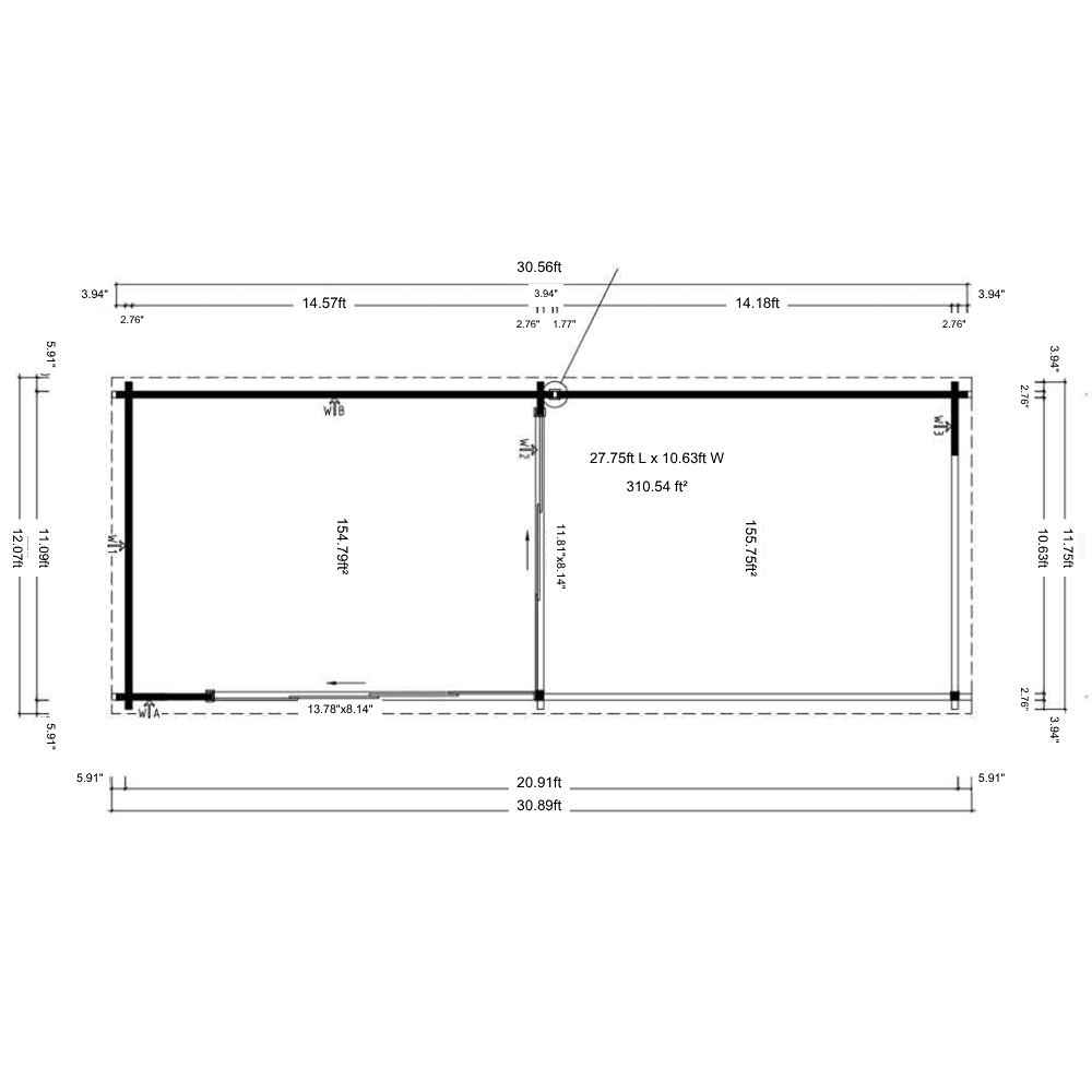 Technical floor plan of GardenHouse24 USA ALU Concept 70A AB Garden Room outlines room dimensions, layout, and wall measurements