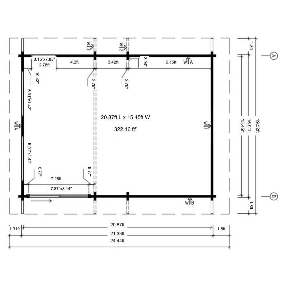 Technical floor plan of GardenHouse24 USA Caddie 70A ALU ISO Garden Room with detailed room measurements and dimensions