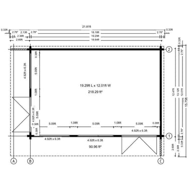 Technical floor plan of GardenHouse24 USA Lisa 70B Garden Room shows interior dimensions and wall placements in square meters with exact measurements