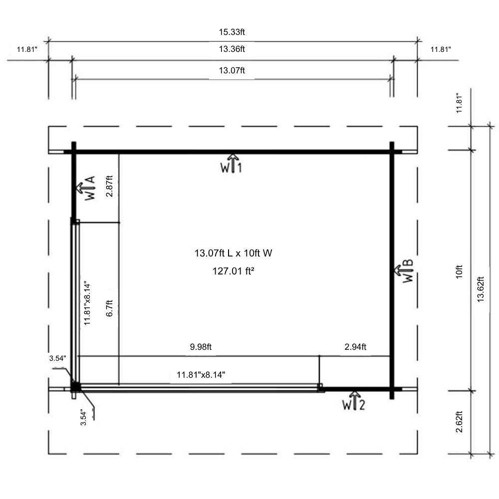 Technical floor plan of GardenHouse24 USA Starla 44A ALU Garden Room shows detailed dimensions and layout of the interior space