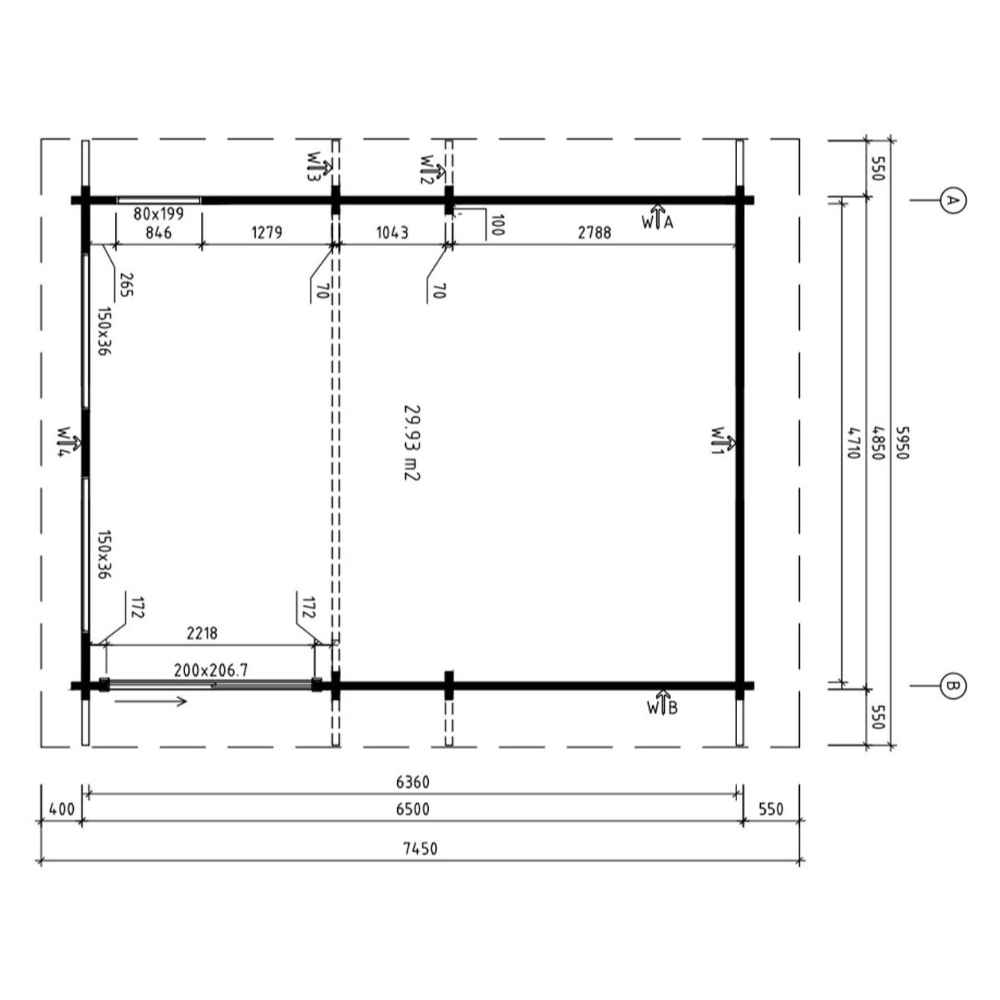 Technical floor plan of the GardenHouse24 USA Caddie 70A ALU ISO Garden Room, displaying detailed room measurements and dimensions
