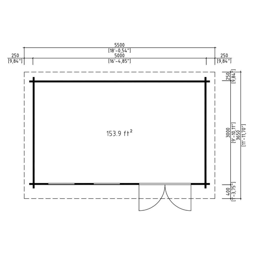 Technical floor plan showing the layout and area (153.9 sq ft) of the GardenHouse24 USA Miriam 44C Modern Garden Room with door placement and detailed dimensions