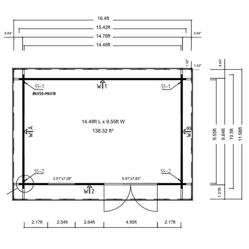 Technical floor plan with exact dimensions outlines the interior and exterior structure of GardenHouse24 USA Miriam 44A Classic Garden Room