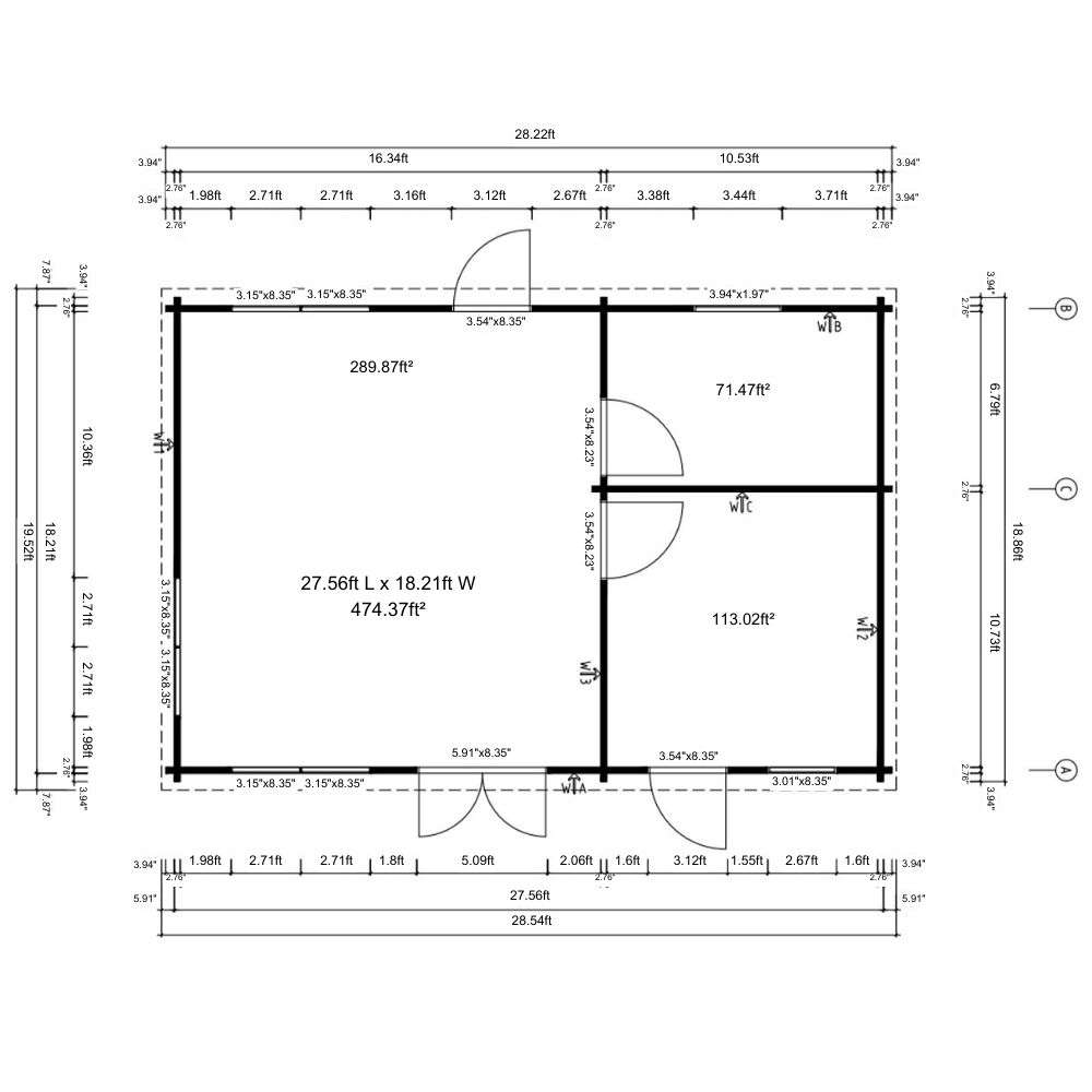 Technical floor plan with measurements illustrates the room divisions and dimensions of GardenHouse24 USA Henning 70 Garden Room