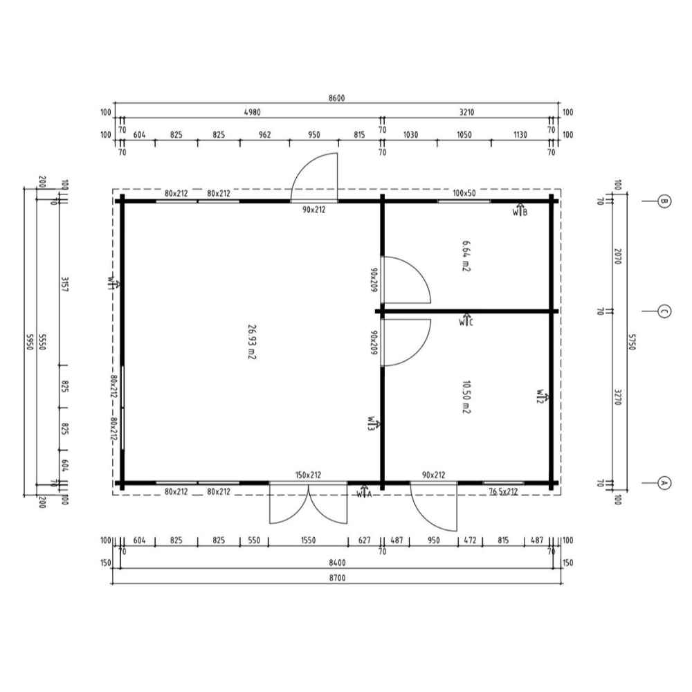 Technical floor plan with measurements illustrates the room divisions and dimensions of the GardenHouse24 USA Henning 70 Garden Room
