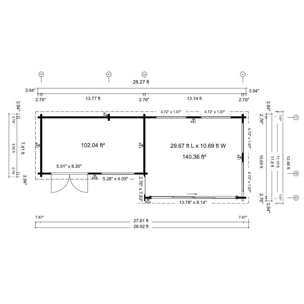 Technical floor plan with precise measurements details the layout of GardenHouse24 USA ALU Concept 70K Garden Room, including two main sections