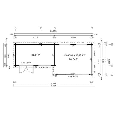 Technical floor plan with precise measurements details the layout of GardenHouse24 USA ALU Concept 70K Garden Room, including two main sections