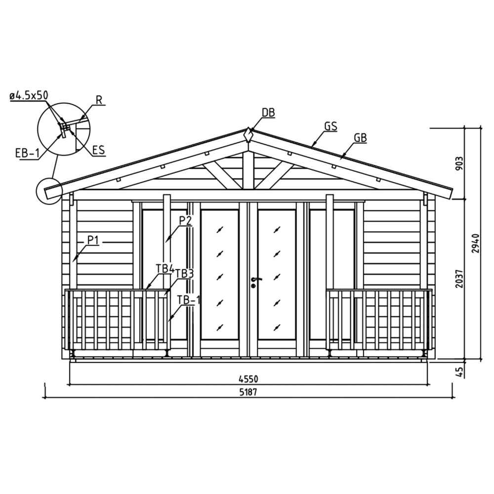 Technical front elevation drawing of the GardenHouse24 USA Nepean 44A Garden Room, showing detailed architectural elements including support beams and double doors