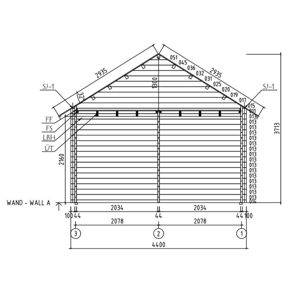 Technical side drawing of the GardenHouse24 USA Farum 44 Garden Room outlines wall construction and elevation details