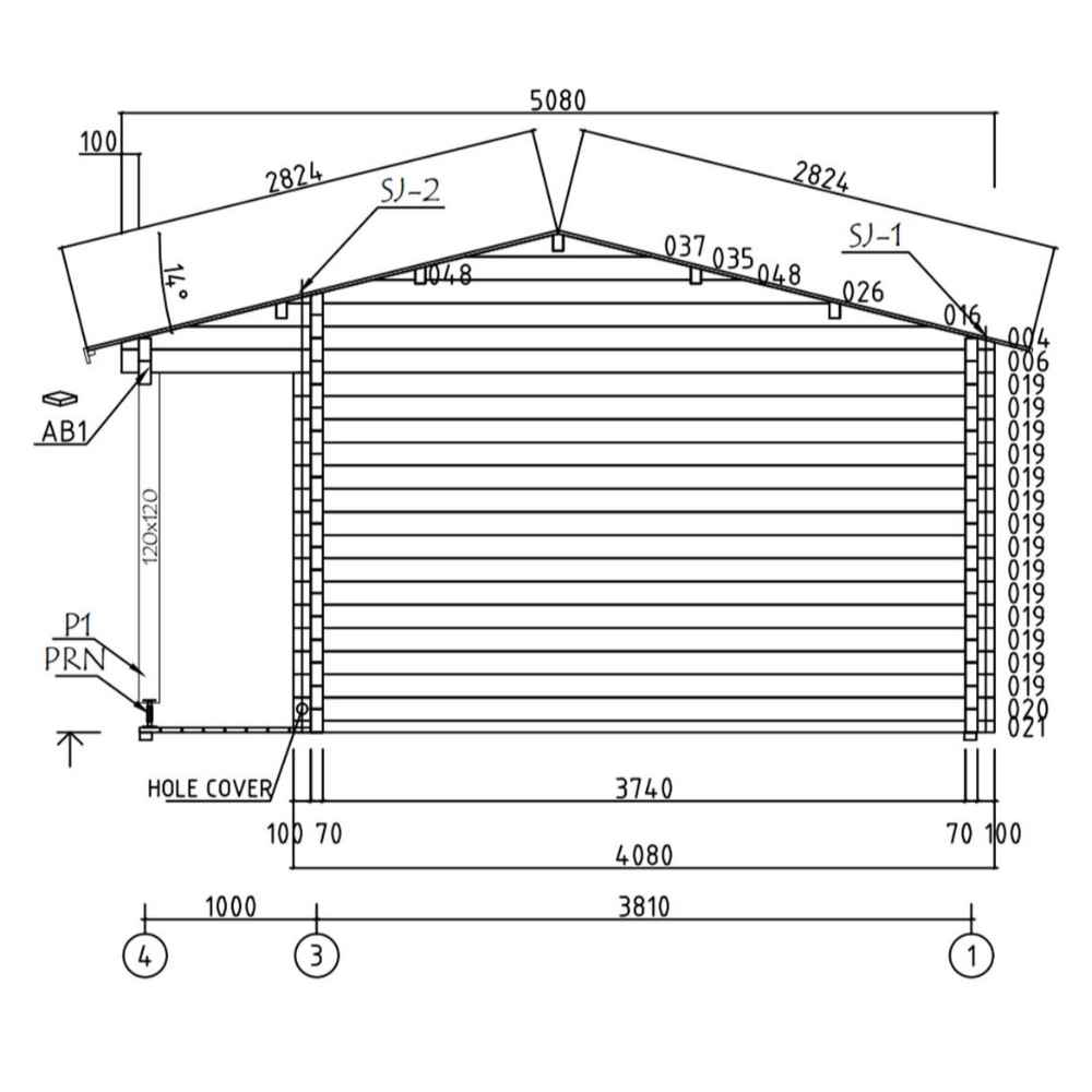 Technical side drawing shows the GardenHouse24 USA Lilja 70 Garden Room's roof structure and side dimensions, including roof angles and support beam placements