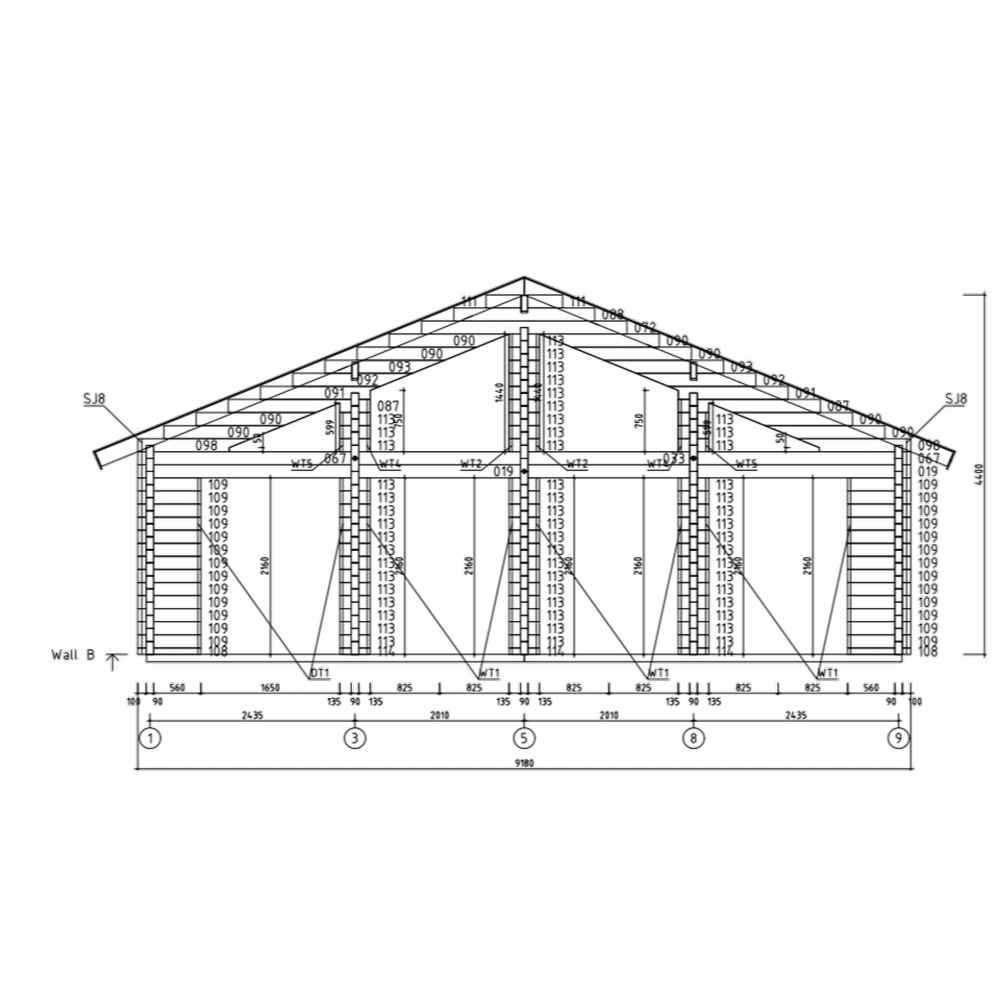 Technical side elevation blueprint showing the structural dimensions and timber placement for the GardenHouse24 USA Caroline 90 Garden Room