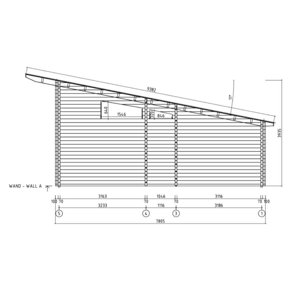 Technical side elevation drawing highlights the sloped roof and dimensions of the GardenHouse24 USA Darcy 70 Garden Room