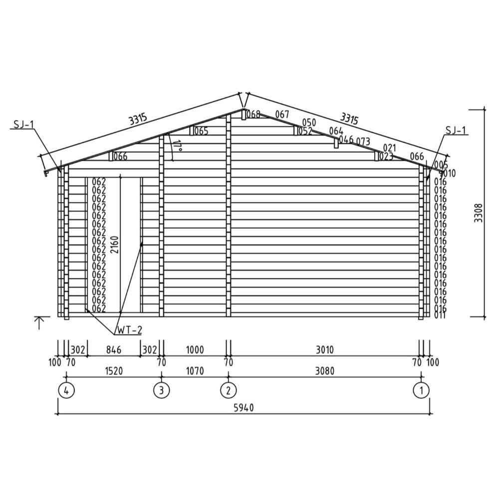Technical side elevation of the GardenHouse24 USA Casablanca 70 Garden Room shows wall beam arrangements and roof slope details with measurements