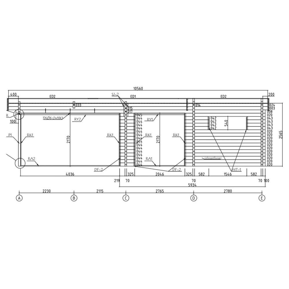 Technical side view highlights window and door placements of the GardenHouse24 USA Sauna Quieto 70 Garden Room