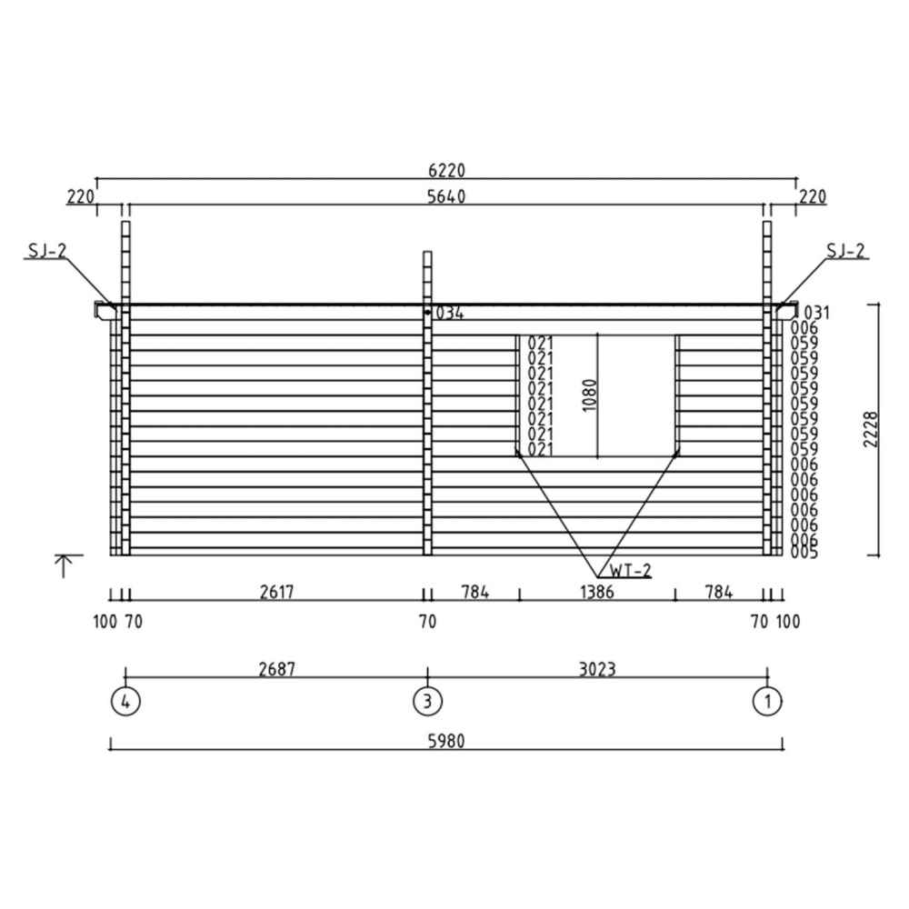 Technical side view of the GardenHouse24 USA Skanderborg 70 Garden Room shows log-style paneling and window placements with exact width and height measurements