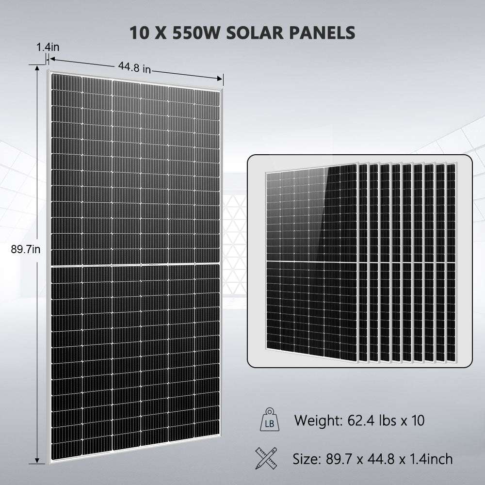 Ten 550W solar panels measuring 89.7 x 44.8 x 1.4 inches for Sun Gold Power 10000W 48VDC 120V/240V 20.48KWH Lithium Battery 5500W Solar Panel Off-Grid Solar Kit