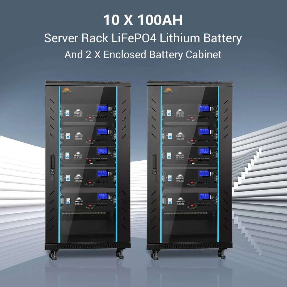 Ten server rack lithium batteries in two cabinets included with Sun Gold Power 11400W 48V Split Phase 51.2 KWH Lithium Battery Hybrid Solar Kit