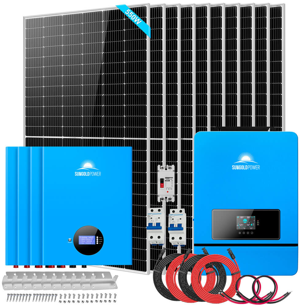 Ten solar panels, inverter, four PowerWall batteries, cables, and hardware included with Sun Gold Power 10000W 48VDC 120V/240V 20.48KWH Lithium Battery 5500W Solar Panel Off-Grid Solar Kit