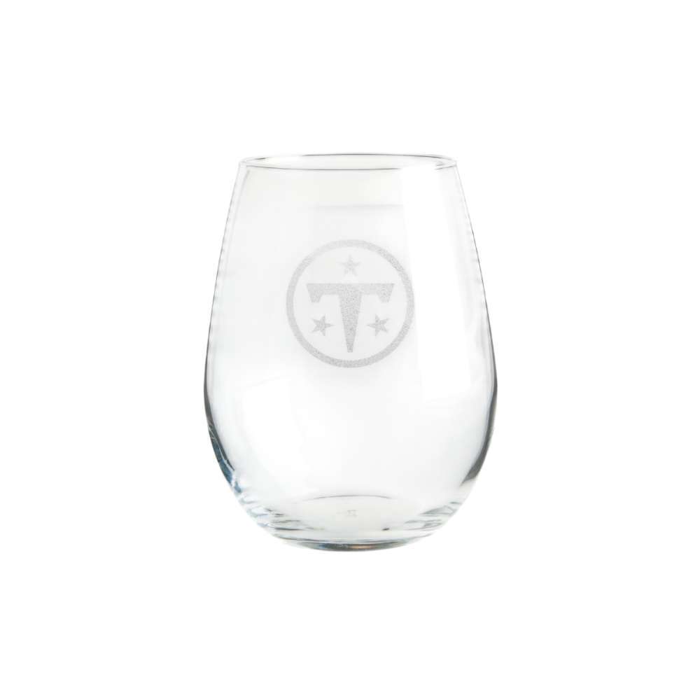 Tennessee Titans Crate & Barrel NFL Aspen 11.75oz Stemless Wine Glass, Set of 4 featuring an etched circular “T” and three-star logo on clear glass