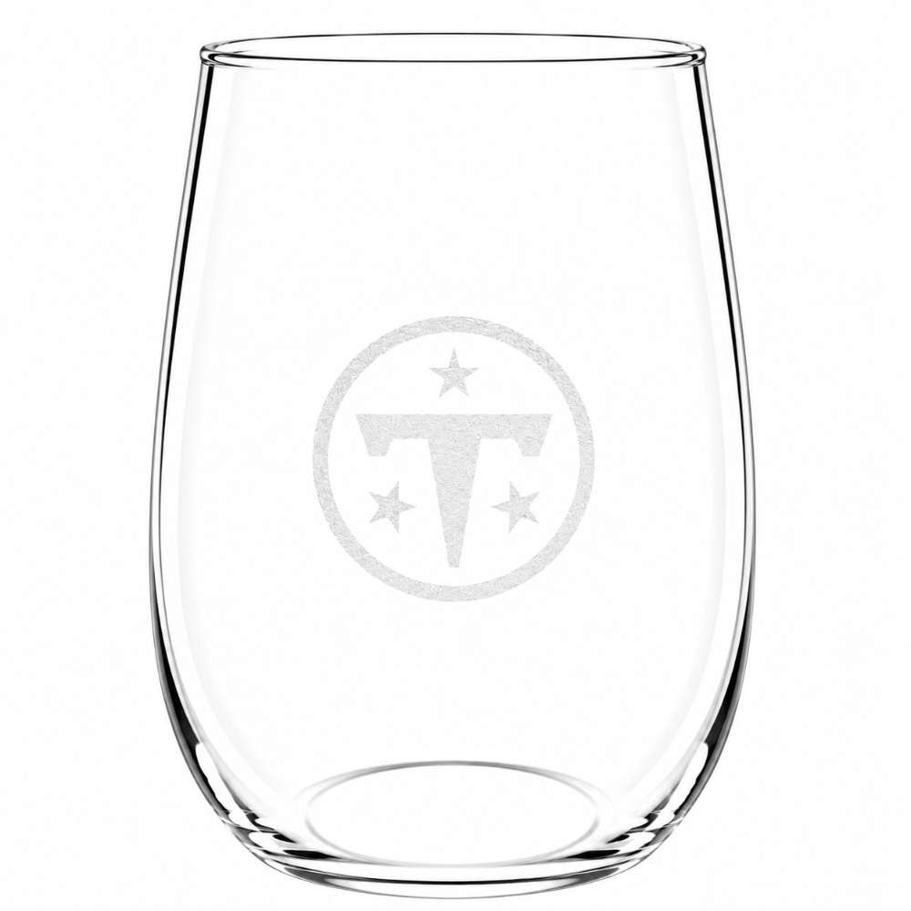 Tennessee Titans Crate & Barrel NFL Aspen 17oz Stemless Wine Glass, Set of 4 features a clear stemless glass etched with the Titans circular "T" and three-star logo