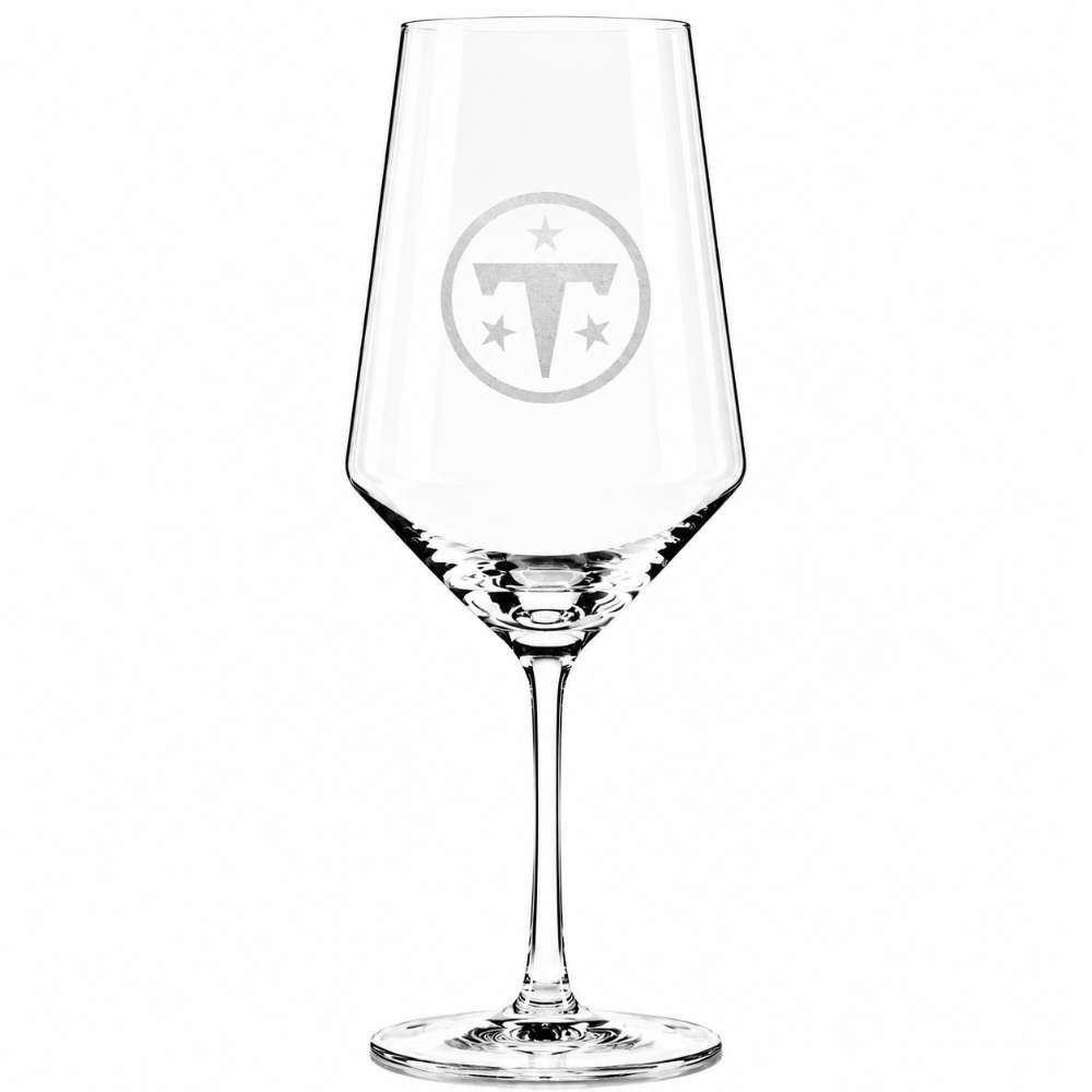 Tennessee Titans Crate & Barrel NFL Tour 18oz Red Wine Glass, Set of 4 featuring the Titans circular “T” and three-star logo etched on a clear stemmed wine glass