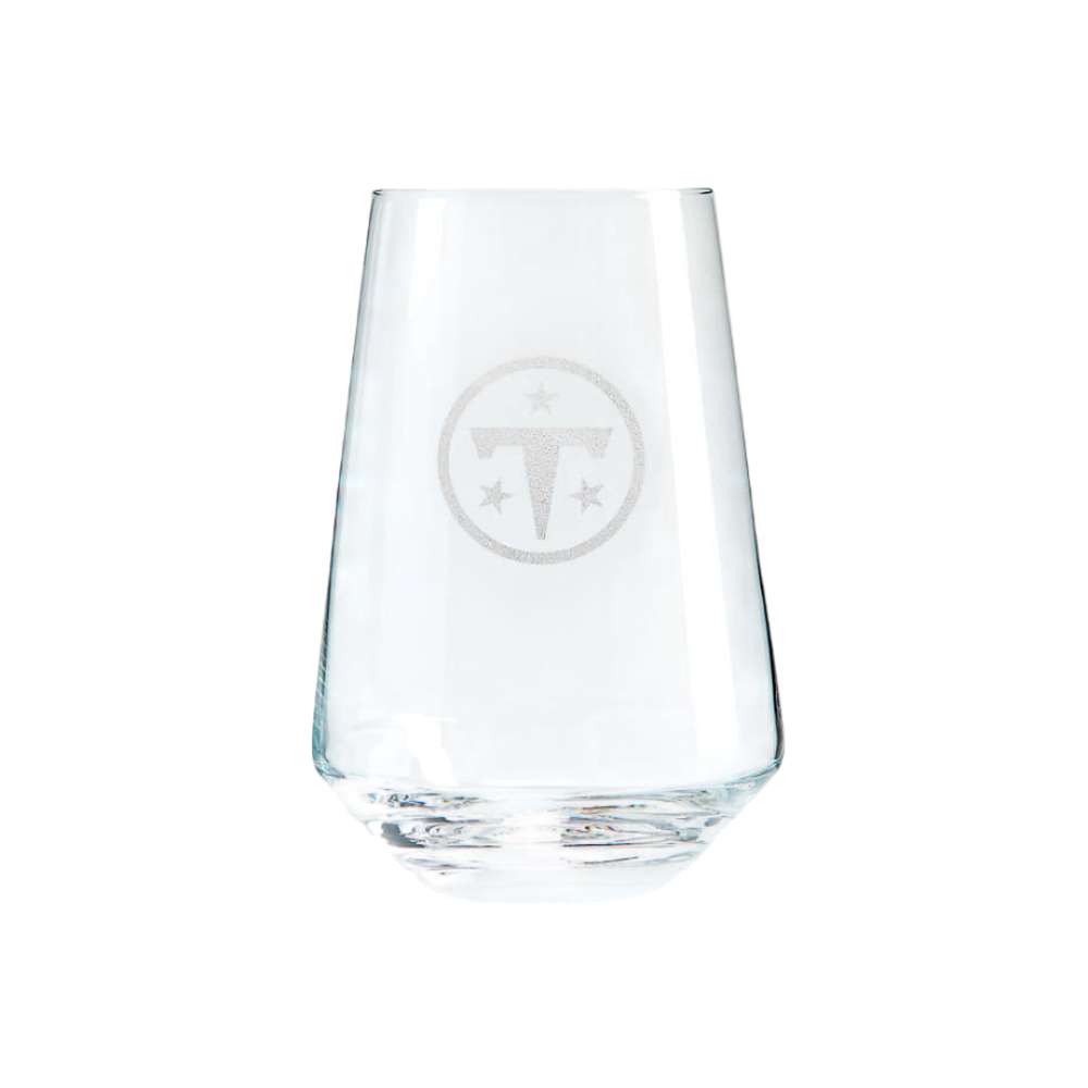 Tennessee Titans Crate & Barrel NFL Tour 19oz Stemless Wine Glass, Set of 4 featuring the Titans circular “T” and stars logo etched on clear glass