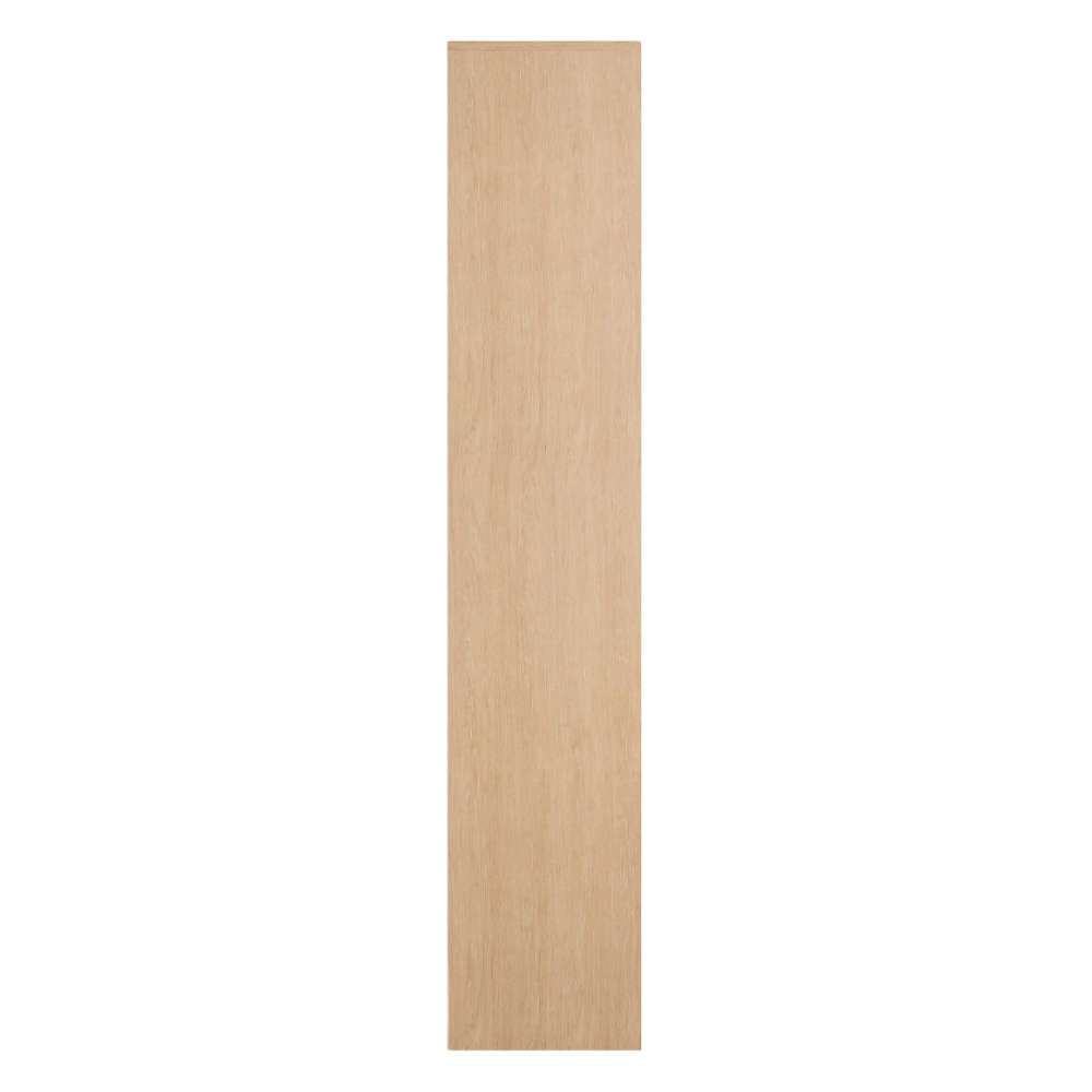Crate & Barrel Terrazza 38" Natural Solid Oak Wood 2-Shelf Storage Bookcase Cabinet shown from the side, highlighting its slim solid oak profile