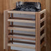 The Harvia stove for Golden Designs Copenhagen 3 Person Traditional Sauna mounted on a cedar wall inside a slatted light wood safety guard